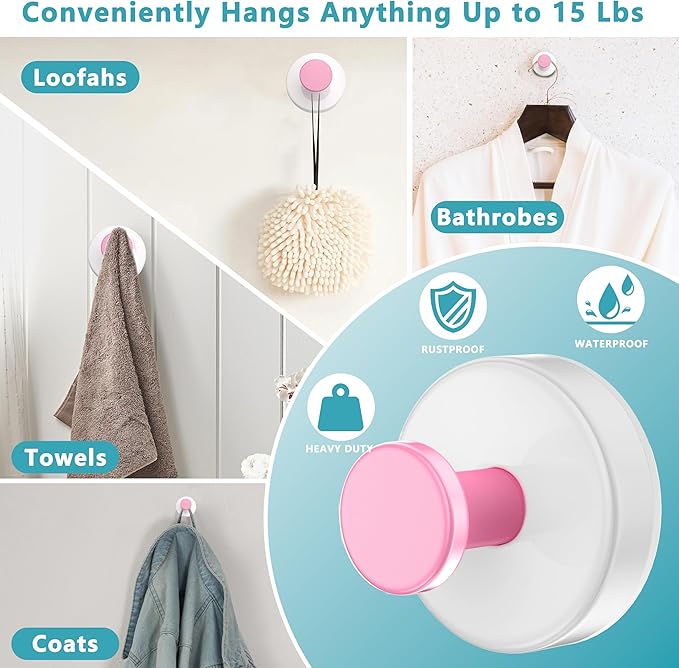 Suction Cup Hooks for Shower,Removable No Drill Towel Hooks,Upgraded 15 lbs Strong Suction hooks for Bathroom Tile,Shower Wall,Glass Door,Kitchen-Loofah,Coat,Stainless Waterproof-White Pink 2 Pcs