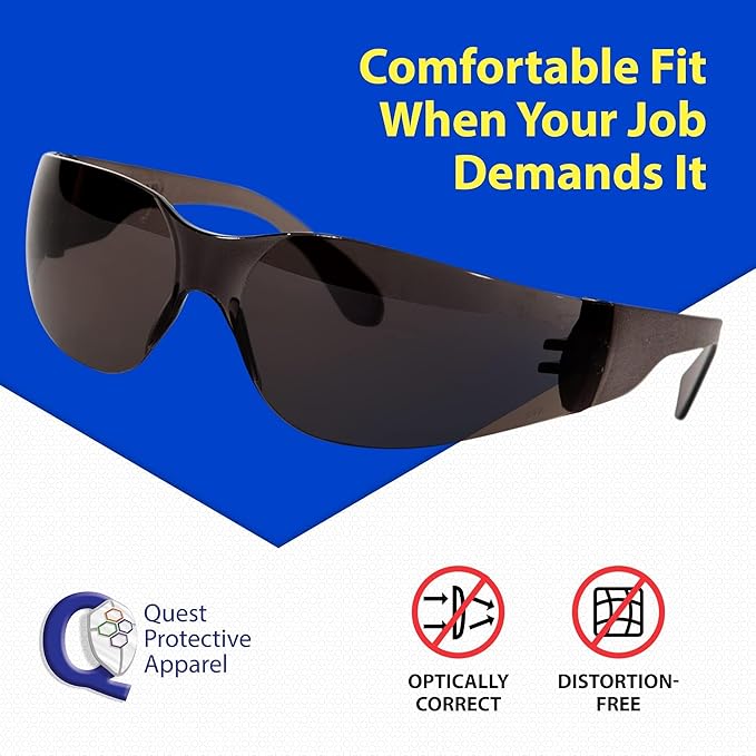 Quest Protective Apparel Safety Glasses for Men and Women - Anti Fog Safety Goggles for Shooting, Lab, or Construction – Polycarbonate Eye Protection [Smoke & Pack of 3]