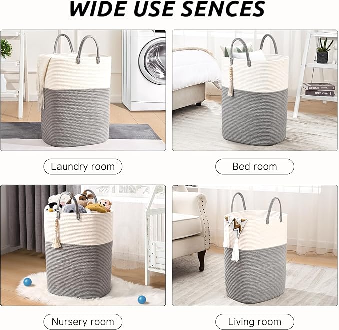 Woven Laundry Basket for Clothes, 80L Large Rectangle Laundry Hampers with Beads Tassel, Nursery Storage Basket for Toys, Tall Dirty Clothes Hamper for Bedroom Aesthetic, Laundry Room Organization
