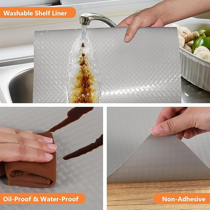 Light Gray Shelf Liners for Kitchen Cabinets Refrigerator Liners Waterproof & Oil-Proof Kitchen Cupboard Liner Drawer Mats EVA Material Non Adhesive Fridge Liner for Shelves 17.5 x 393.7 Inches