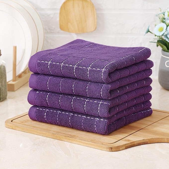 Homaxy 100% Cotton Terry Kitchen Towels(Purple, 13 x 28 inches), Checkered Designed, Soft and Super Absorbent Dish Towels, 6 Pack