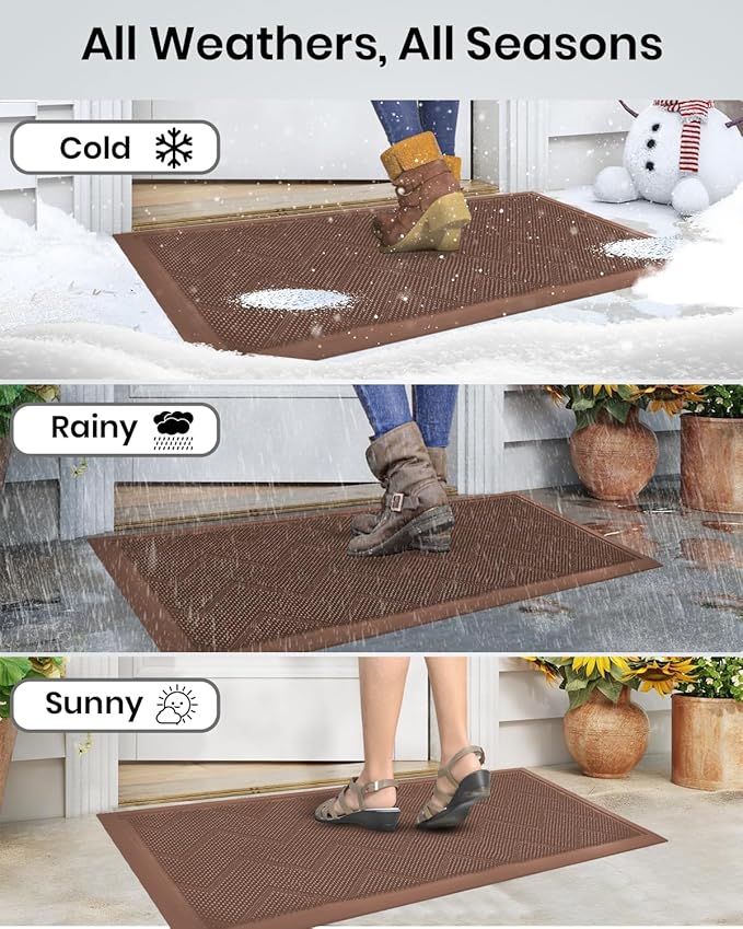 HAMARA Front Door Mat for Outside Entrance 35.5"x17" – Anti-Slip Dirt-Trapping Waterproof Rubber Indoor & Outdoor Mat with Textured Surface for Entryway - Heavy Duty All Weather Doormat – Beige
