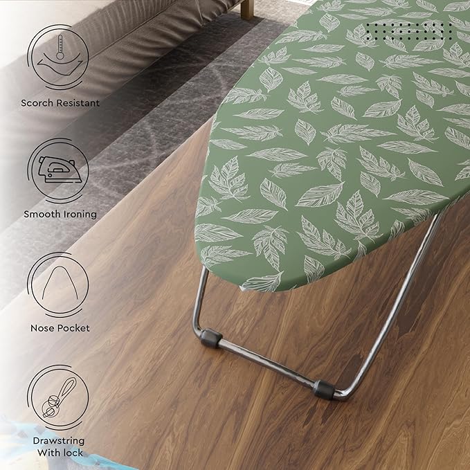 Encasa XO Ironing Board Cover and Pad 28"x12" - Thick 3mm Felt Padding, Drawstring Tightening & Lock, Easy Fit, Scorch & Stain Resistant, Fits Mini Ironing Board - Big Leaves Green