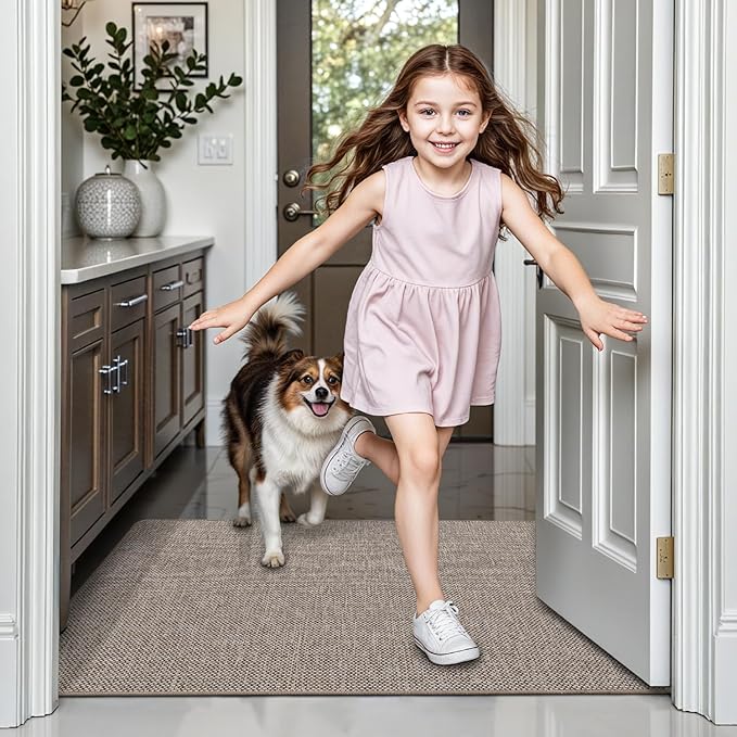 LUMI Ultra Thin Door Mat for Entryway, 32"x48" Low Profile Non Slip Rubber Backing Indoor Doormat, Easy Clean Welcome Entrance Mat for Inside House, Patio, Khaki