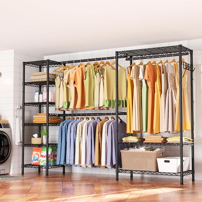 Expandable Heavy Duty Garment Rack Clothes Rack,Large Metal Closet Organizer System Storage Wardrobe,Freestanding Clothing Rack with 9 Adjustable Wire Shelves&3 Hang Rods,MaxLoad 1500lbs