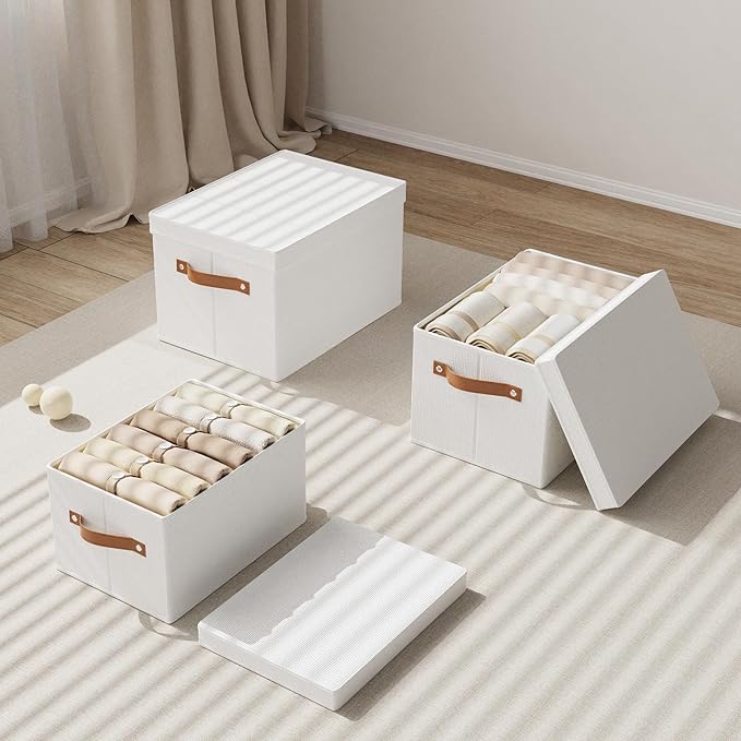 Fabric Storage Bins, 7.1 x 9.1 x 13 Inch Clothes Boxes for Shelves with Lids, Baskets for Organizing with Handles, Decorative Linen Closet Organizers, White, 5 Pack