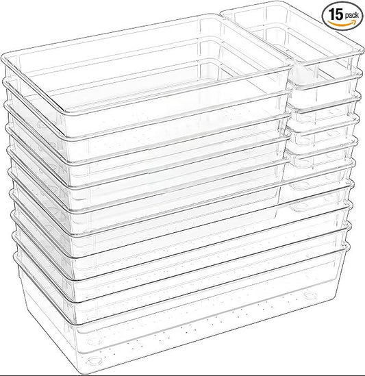 15-Pack Clear Drawer Organizer Set – Multi-Size Acrylic Storage Bins for Kitchen, Makeup, Office & Bathroom – Stackable Plastic Trays for Home, Desk & Vanity Organization