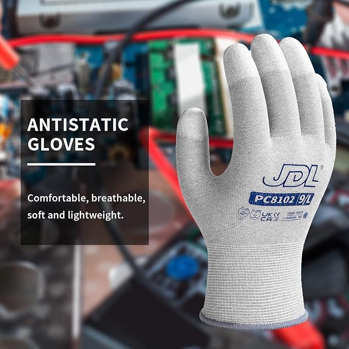 JDL ESD Work Gloves, Anti-Static Gloves for PC Building, 6 pairs, Computer Installation & Repair, High Resistance Carbon Fiber Gloves, Large