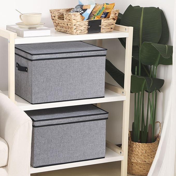 Clothing Storage Bins, Blanket Baskets for Shelves, Fabric Cubes with Handles and Lids, Decorative Linen Closet Organizers Boxes, Gray, 5 Pack, 16.5 x 11.8 x 10.2 Inch