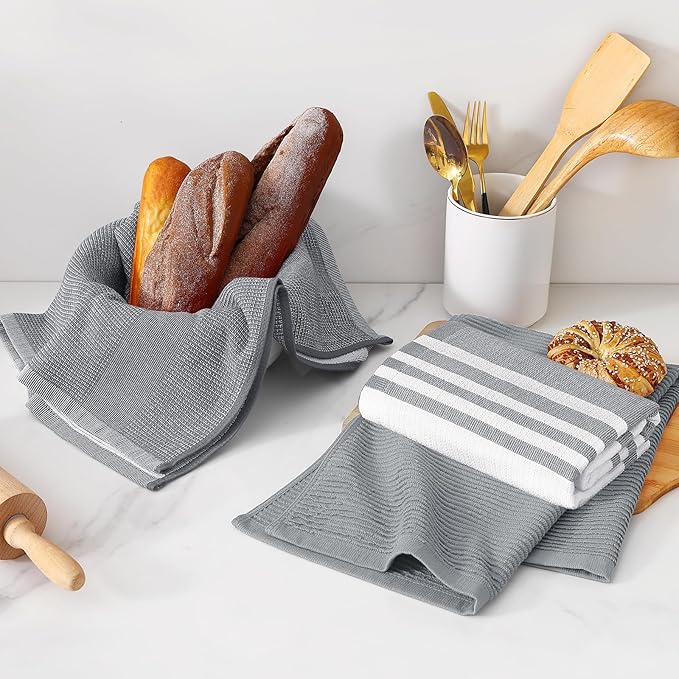 Homaxy Premium Kitchen Towels(18”x 28”, 9 Pack), Large Cotton 380 GSM Kitchen Hand Towels, Soft and Absorbent Terry Dish Towels, Multipurpose Tea Towel Set with Hanging Loop, Grey