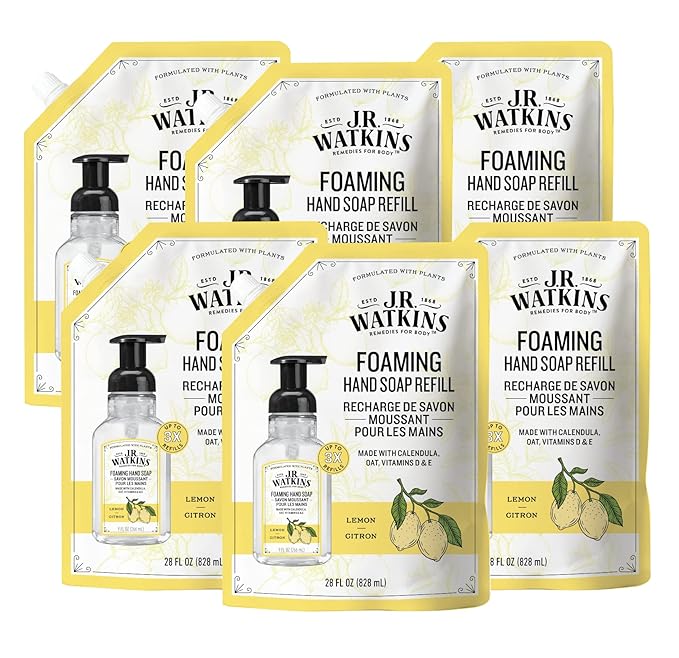 J.R. Watkins Foaming Hand Soap Refills, , Alcohol-Free Hand Wash, Cruelty-Free, , Moisturizing Hand Soap Refill for Bathroom or Kitchen, Lemon 28 fl oz Foam Soap Refill, 6 Pack