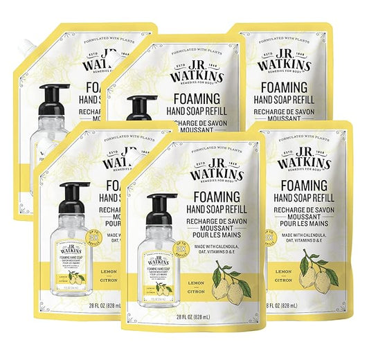 J.R. Watkins Foaming Hand Soap Refills, , Alcohol-Free Hand Wash, Cruelty-Free, , Moisturizing Hand Soap Refill for Bathroom or Kitchen, Lemon 28 fl oz Foam Soap Refill, 6 Pack