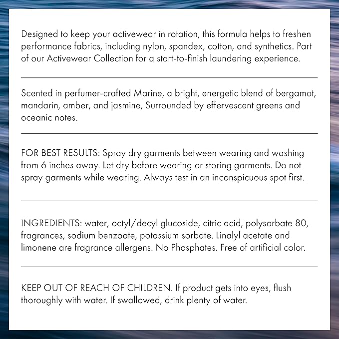 The Laundress Activewear Fabric Refresher Spray, 8 Oz, Marine Fragrance, Bright, Energetic, Odor Freshener for Performance Gear, Towels, Tote Bags, Sneakers & Yoga Mats, 48 Hours* Fragrance