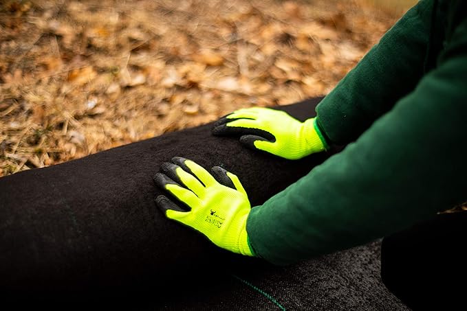 G & F 1516 12 Pairs Pack Premium High Visibility Low emissions Green Work and gardening Gloves for Men and Women.MicroFoam Textured Coated Palm and Fingers Gloves for Gardening Work,Size Medium,Green