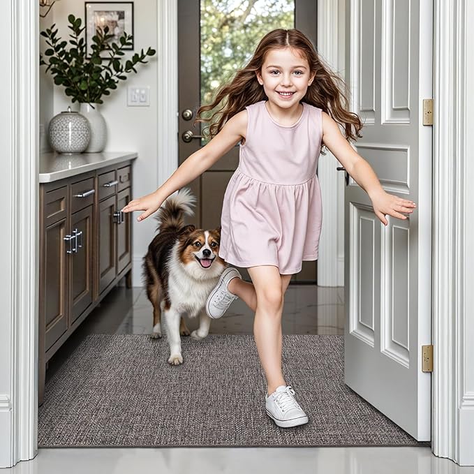 LUMI Ultra Thin Door Mat for Entryway, Low Profile Non Slip Rubber Backing Indoor Doormat, Easy Clean Welcome Entrance Mat for Inside House, Patio,Brown 20"x32"