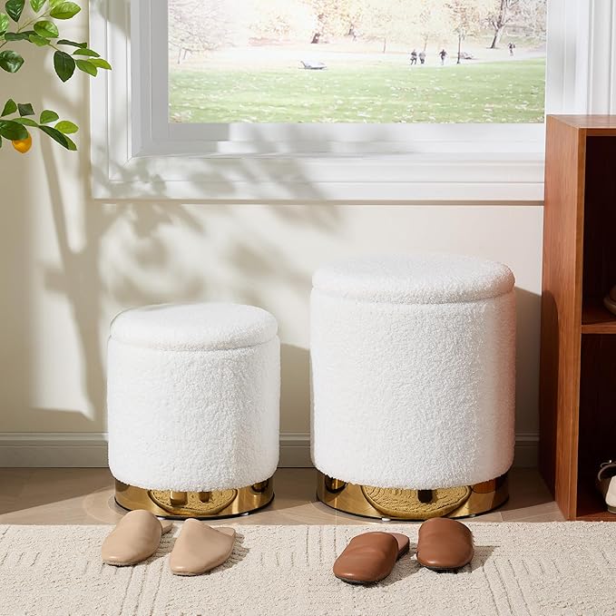 Royal Windsor Boucle Round Ottoman with Storage Set of 2, Vanity Stool with Storage for Bedroom, Ottoman Coffee Table Gold-Tone Ring Around The Base, Small Foot Stool for Living Room, White
