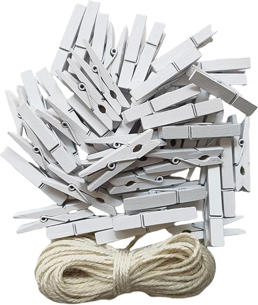 1.9 Inch White Small Clothes Pins Paper Picture School Work Holders Baby Shower Clothing Line Clips with Twine Pack 50