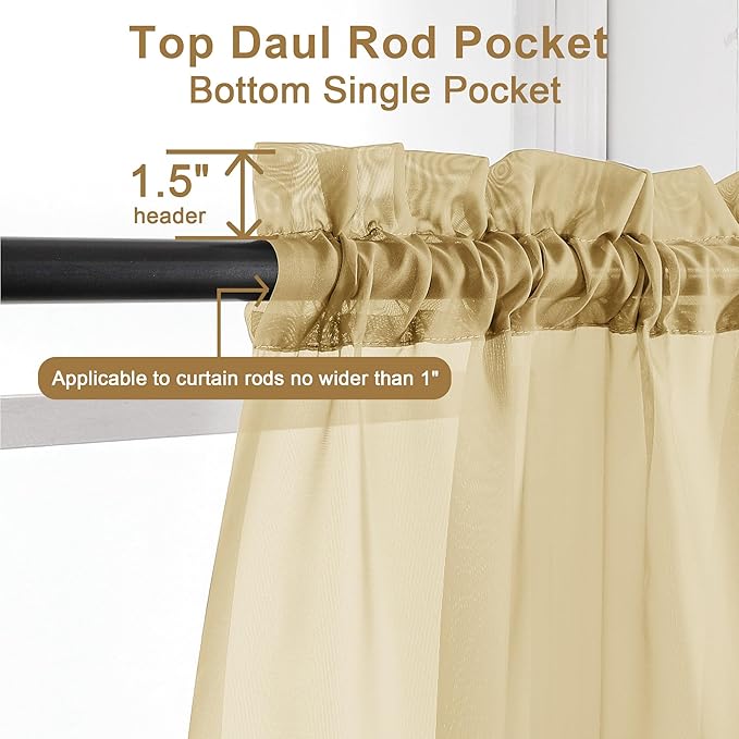 Chyhomenyc Gold Sheer Curtains 96 inches Long 2 Panels, Light Filtering Soft Airy Solid Elegant Voile Window Treatment Drapes for Bedroom Living Room Wedding Party Decor, 42 Wx96 L, 8FT L