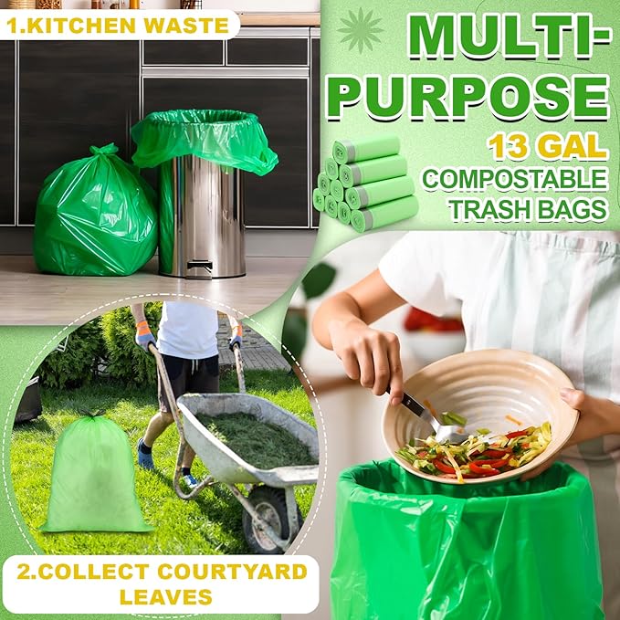 200 Count 13 Gallon Compostable Trash Bags with Drawstring Heavy Duty Extra Thick 1 Mil Kitchen Food Scrap Waste Bag Tear Resistant for Lawn Yard Home Kitchen Office