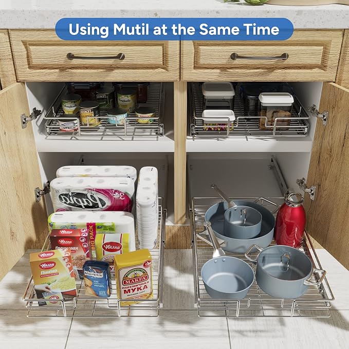 ROOMTEC Pull Out Cabinet Organizer, Cabinet Pull Out Shelves 14" W x 18" D, Heavy Duty Cabinet Drawers Slide Out Kitchen Cabinet Organizers Storage Shelf