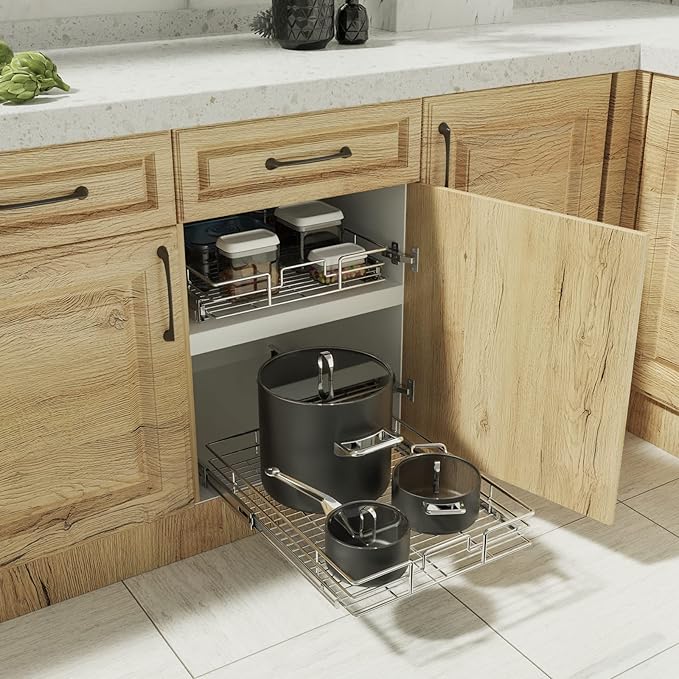 ROOMTEC Pull Out Cabinet Organizer, 27" W x 21.5" D, Heavy Duty Slide Out Kitchen Cabinet Organizers, Neutral