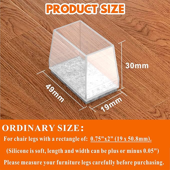 Rectangle Chair Leg Protectors for Hardwood Floors,16 PCS Silicone Covers to Protect Wood Tile Floors Felt Pads Furniture Leg Caps Reduce Noise. Easy to Move. (Clear,0.75 x 2 Inch, Rectangular)