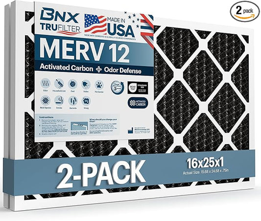 BNX TruFilter 16x25x1 MERV 12 Odor Defense (2-Pack) AC Furnace Air Filter with Activated Carbon - MADE IN USA - Pleated Air Conditioner HVAC AC Furnace Filters - Removes Odor, Mold, Bacteria, Smoke