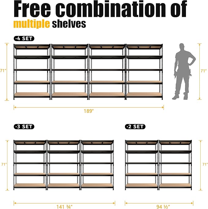 PrimeZone 48" W x 24" D x 72" H Heavy Duty Storage Shelves, 5 Tier Adjustable Garage Shelving Unit, Metal Organizer Shelf Utility Rack for Warehouse Pantry Closet Kitchen, Black, 8 Pack