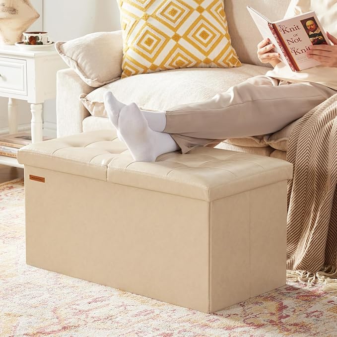 HAUSFRAU - 30 Inches Storage Ottoman Bench with Flipping Lid, Foldable Storage Chest Foot Rest for Living Room, Bedroom, Entryway, Load 660 lb, Synthetic Leather, Ivory