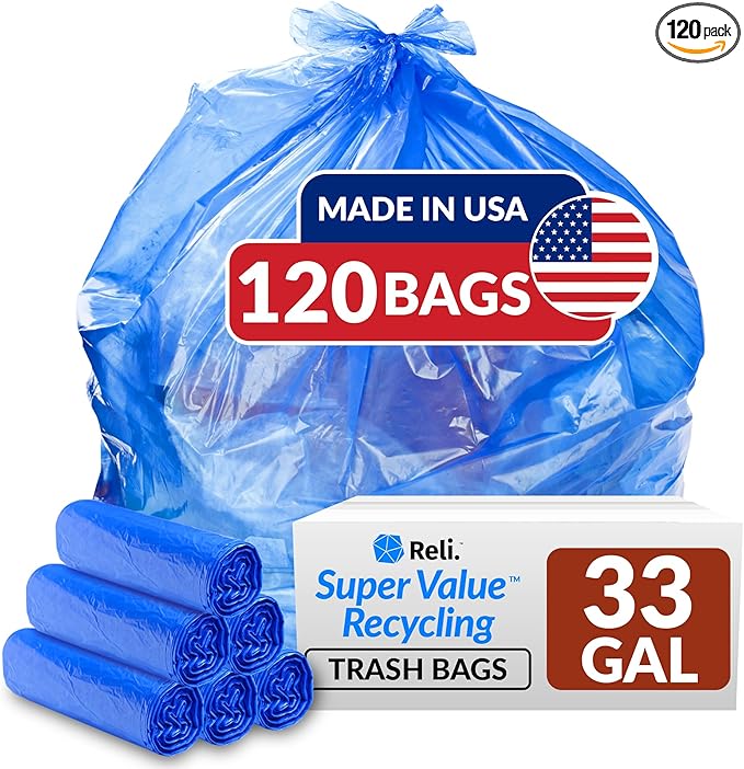 Reli. SuperValue 33 Gallon Recycling Bags (120 Count) Made in the USA - Blue Trash Bags, 30-33 Gallon | Recycling, Garbage | 33Gal with 30Gal - 35Gal Capacity