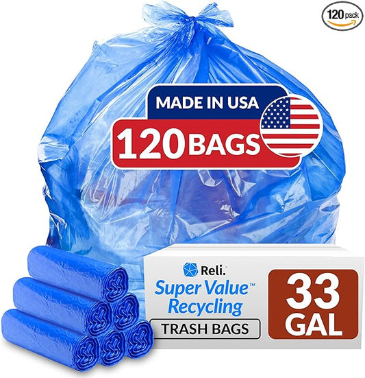 Reli. SuperValue 33 Gallon Recycling Bags (120 Count) Made in the USA - Blue Trash Bags, 30-33 Gallon | Recycling, Garbage | 33Gal with 30Gal - 35Gal Capacity