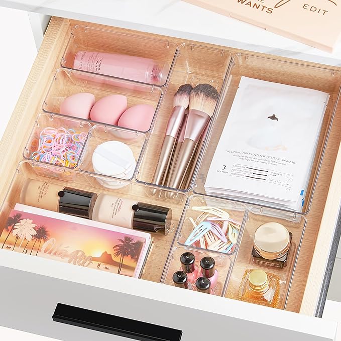 Vtopmart 44 PCS Clear Plastic Drawer Organizers Set, 4-Size Versatile Bathroom and Vanity Organizer Trays, Non-Slip Storage Containers for Makeup, Jewelries, Bedroom，Kitchen Utensils and Office