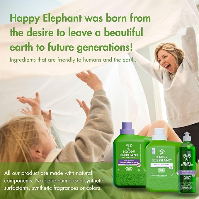 Happy Elephant Laundry Detergent, White Tea & Fig Scent, Ultra Concentrated Washing Machine Laundry Soap, Plant Based, Stain Remover, Gentle on Sensitive Skin, HE Compatible, 64 Loads, 64 Fl Oz