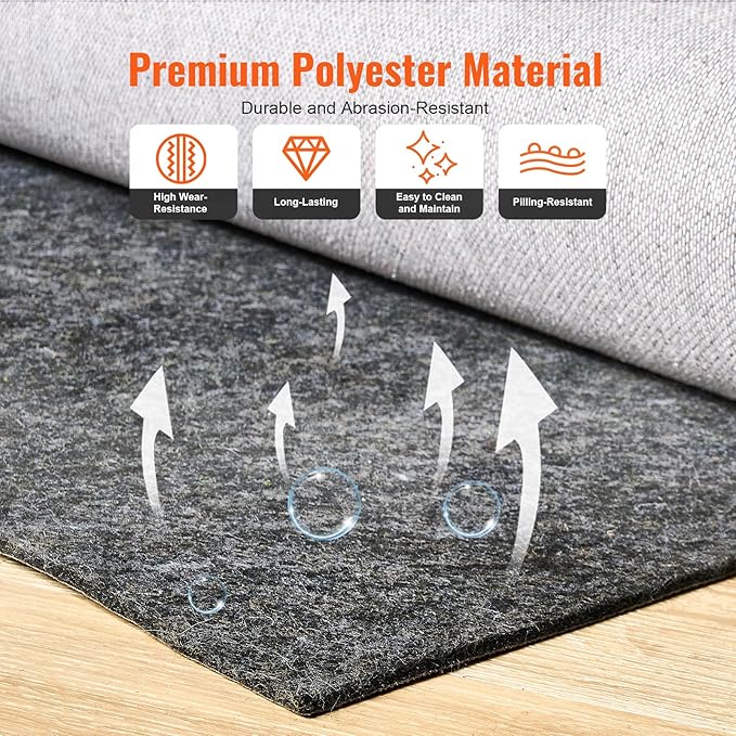 VEVOR - Slip-Resistant Rug Pad - Protective Cushioning Carpet Pad - 8' x 10' - 1/4" Thick - Dual Surface - Polyester Felt + Latex - Gray - 7-8㎡ Area Carpet Padding Rug Cushion Safe for All Floors