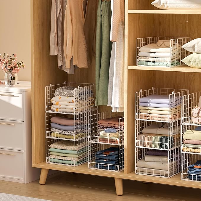 Stackable Closet Organizers and Storage - 4-Tier Stackable Storage Bins, Foldable Closet Shelf Organizer Basket, Clothes Organizers and Storage Shelves for Home Bedroom Closet Organizer System