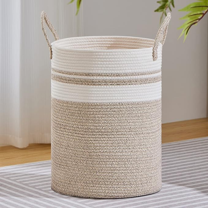 VIPOSCO Large Laundry Hamper, Tall Woven Rope Storage Basket for Blanket, Toys, Dirty Clothes in Living Room, Bathroom, Bedroom - 100L Brown & White