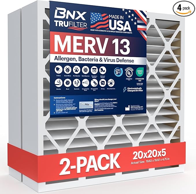 BNX TruFilter 20x20x5 (19.88’’ x 19.88’’ x 4.38‘’ Honeywell Compatible 4”) MERV 13 Air Filter (2-Pack) - MADE IN USA - HVAC AC Furnace Filters Health, Allergies, Mold, Bacteria, Smoke, MPR 1900 FPR 10