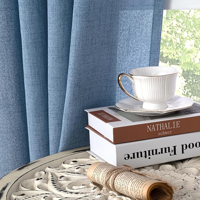 YoungsTex Denim Blue Short Linen Curtains 40 Inch Length for Kitchen Window, Semi Sheer Window Drapes with Rod Pocket Back Tab Light Filtering Privacy for Bathroom, 2 Panels, 42 x 40 Inch
