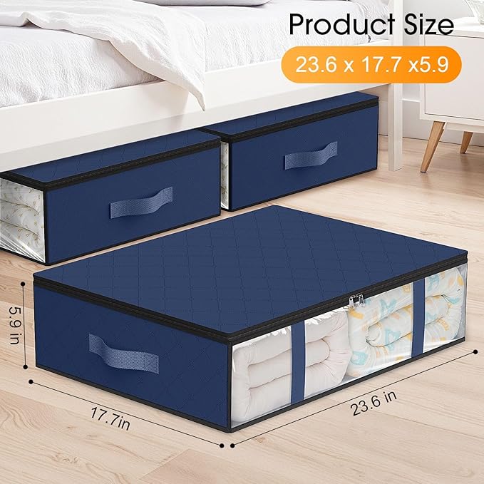 StorageRight Under Bed Storage Bins, 3-Pack 40L Foldable Fabric Storage Bags with Transparent Window, Breathable Organizer for Clothes/Blanket/Comforter/Quilt, Blue