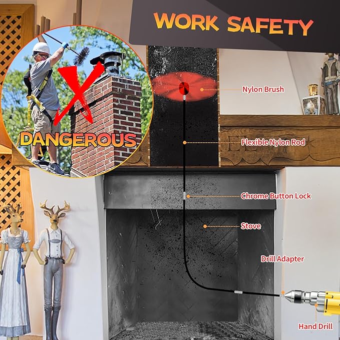 39 Feet Chimney Sweep Kit, Chimney Cleaning Kit with 12 Flexible Black Chimney Rods, Chimney Brush for Sweeping Fireplace, Rotary Chimney Cleaning System Driven by Drill