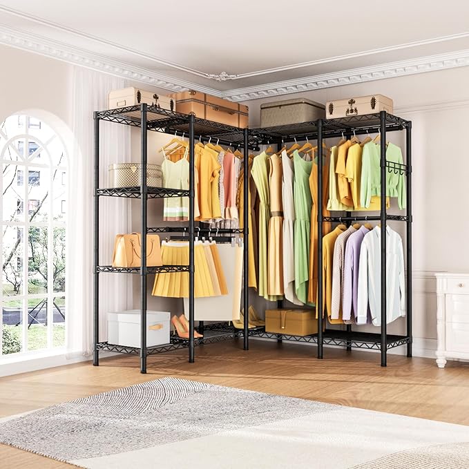 L Shaped Heavy Duty Metal Clothes Rack for Hanging Clothes,Freestanding Garment Rack Closet Wardrobe Rack Clothing Rack with 4 Hanging Rods & 1 Side Hook,50"Lx 50"Wx 76.4"H,Max Load 1100LBS