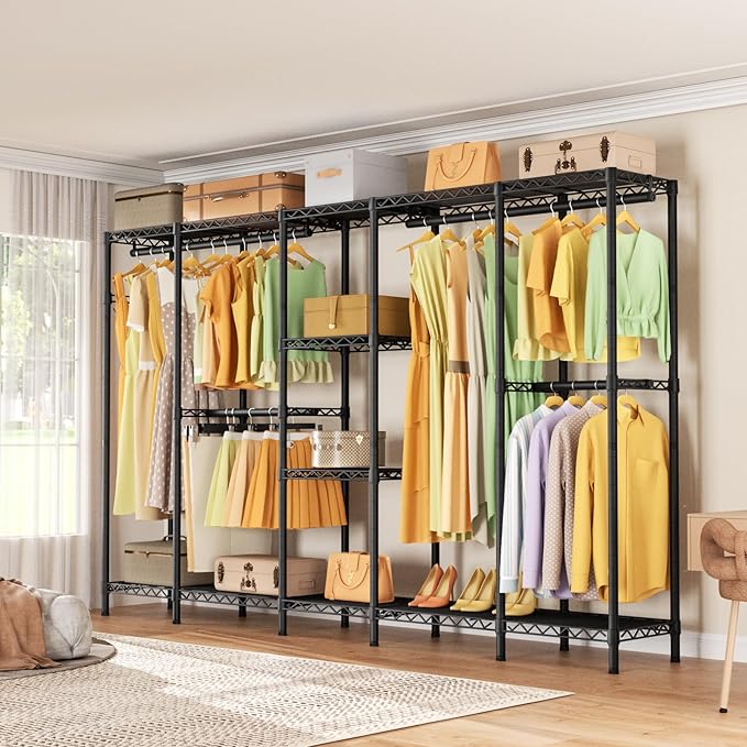 L Shaped Heavy Duty Metal Clothes Rack for Hanging Clothes,Freestanding Garment Rack Closet Wardrobe Rack Clothing Rack with 4 Hanging Rods & 1 Side Hook,50"Lx 50"Wx 76.4"H,Max Load 1100LBS