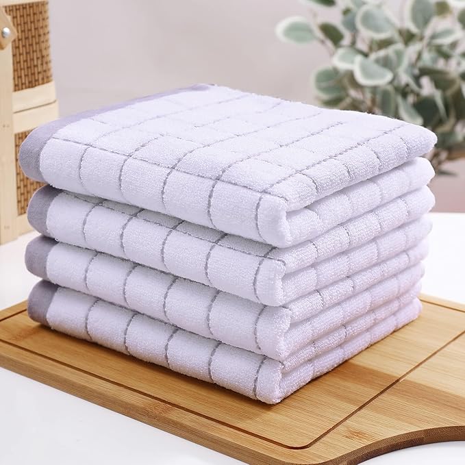 Homaxy 100% Cotton Terry Kitchen Towels(White, 13 x 28 inches), Checkered Designed, Soft and Super Absorbent Dish Towels, 6 Pack