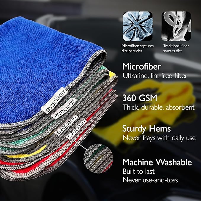 EvaClean Premium Microfiber Cleaning Cloth 16"x16" - Reusable, Washable, Non-Scratch, Microfiber Towels for Cleaning, Dusting, Polishing, High Absorbency & Durability, Green, 12-Pack