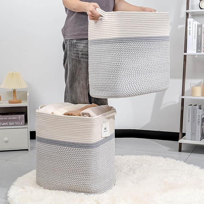 Storage Baskets for Clothes Fabric Cotton Rope Storage Basket with Handles, Decorative Woven Basket for Living Room,Closet Organizer Blankets, and 2bags (White/Gray, L14×W11×H14)