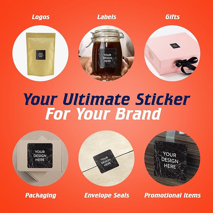 100 Custom Vinyl Stickers - Upload Your own Image, Text, Design, Logo - Personalized Logo Labels for Handmade, Packaging, Bottle, Jars, Candle, Brand Stickers (Black Marble, 1.5x1.5 Square)