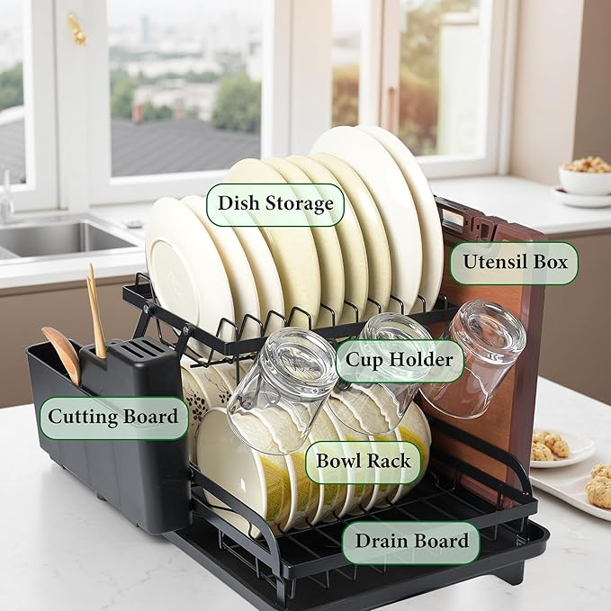 Dish Drying Rack Large 2 Tier Carbon Steel Dish Rack for Kitchen Counter,2-Tier Kitchen Organizers and Storage Rack with Drainboard and Cutlery Holder,Black, Folds Storage