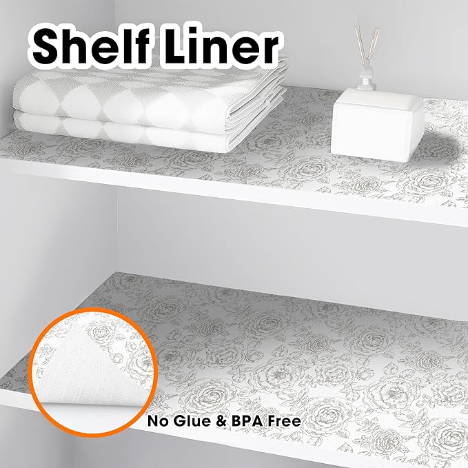 Drawer and Shelf Liner for Kitchen Cabinets Non-Adhesive, Non-Slip Cabinet Liner Shelf Paper Strong Grip Waterproof Easy to Clean for Kitchen Shelves Cupboard, Flower,23.6IN X 20FT