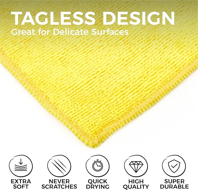 The Rag Company - All-Purpose Microfiber Terry Cleaning Towels - Commercial Grade, Highly Absorbent, Lint-Free, Streak-Free, Kitchens, Bathrooms, Offices, 300gsm, 14in x 14in, Yellow (12-Pack)