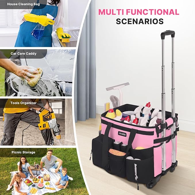 Large Rolling Cleaning Caddy Bag with Detachable Trolley, Waterproof Cleaning Caddy on Wheels for Housekeepers, Cleaning Cart Supplies Organizer for Home,Car,Office,Picnic (Pink) (in Patent)
